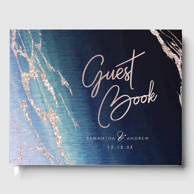 Navy Blue Ombre Agate & Rose Gold Wedding Monogram Gästebuch (Vorderseite)