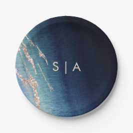 Navy Blue Ombre Agate & Rose Gold Wedding Monogram Pappteller