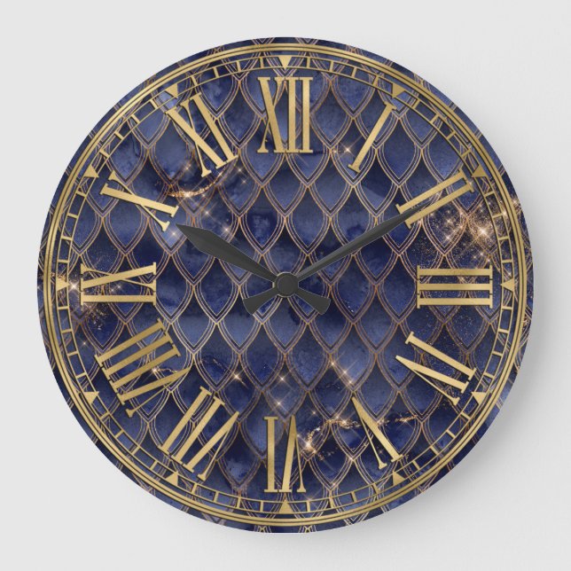 Navy Blue Ombre & Gold Sparkle Dragon Scales Große Wanduhr (Vorderseite)