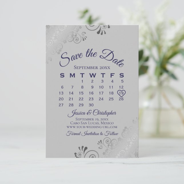 Navy Blue on Gray Silver Curls Wedendar Save The Date (Stehend Vorderseite)
