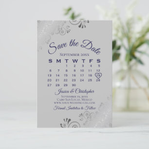 Navy Blue on Gray Silver Curls Wedendar Save The Date