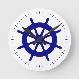 Navy Blue on White Coastal Decor Ship Wheel Runde Wanduhr