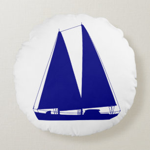 Navy Blue on White Coastal Dekoration Segelboot Rundes Kissen