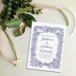 Navy Blue on White Wildblume Bird Zeichnend Hochze Einladung