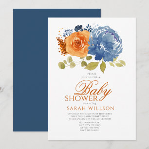 Navy Blue Orange Boho Fall Floral Baby Dusche Einladung