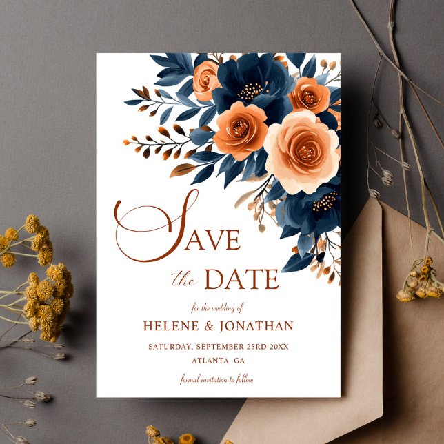Navy Blue Orange Boho Garden Elegante Wedding Save The Date (Navy Blue Orange Boho Garden Elegant Wedding Save The Date)