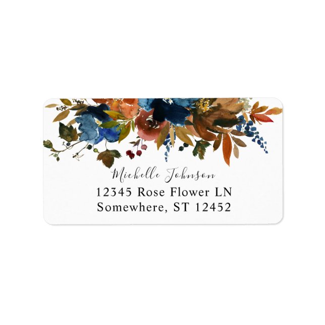 Navy Blue, Orange & Brown Floral 2 Rücksendeadress Adressaufkleber (Vorne)