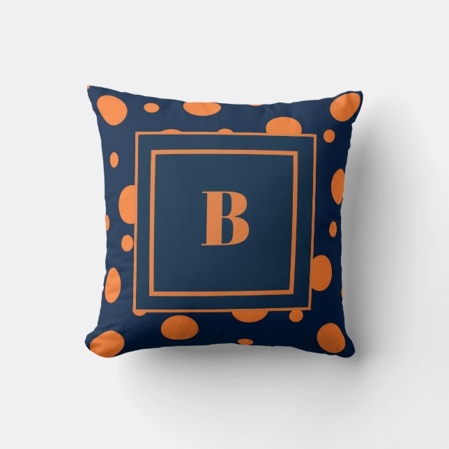 Navy Blue Orange Dots Large Monogram Kissen (Vorderseite)