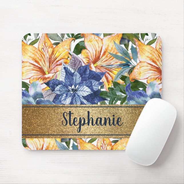 Navy Blue Orange Floral Gold Name Skript Mousepad (Mit Mouse)