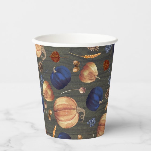 Navy Blue Orange Pumpkin Fall Harvest Rustikales H Pappbecher (Vorderseite)