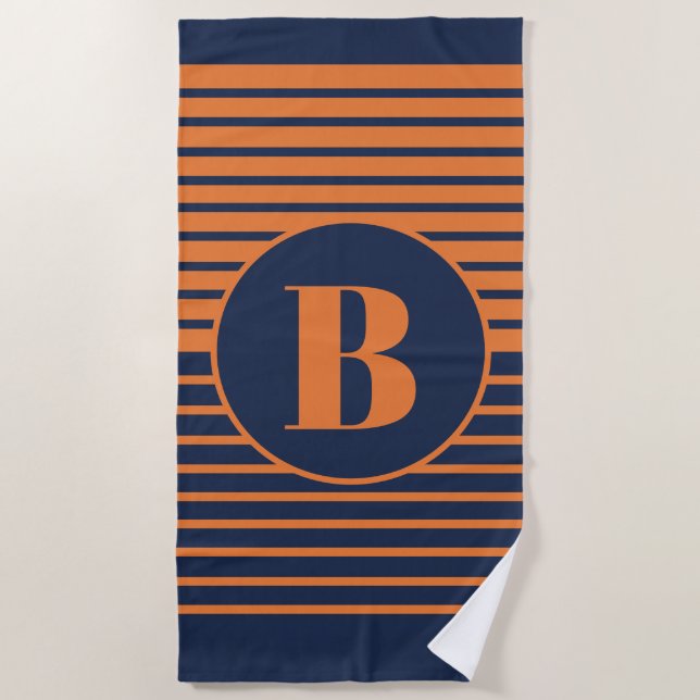 Navy Blue Orange Strip Monogram Strandtuch (Vorderseite)