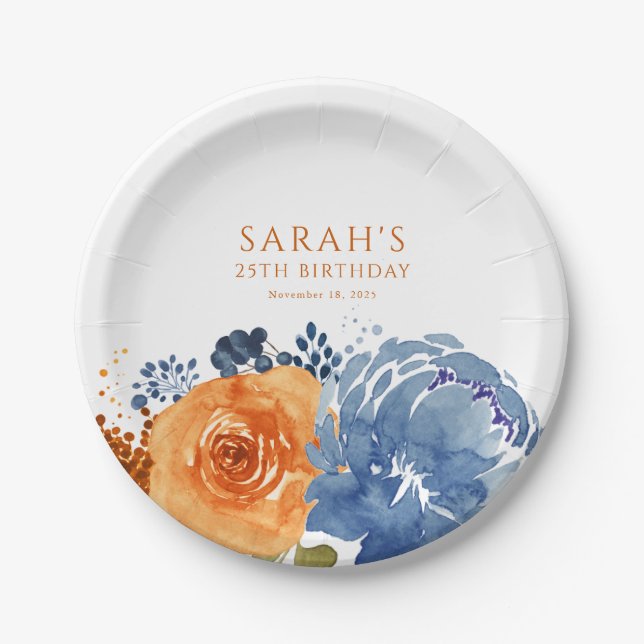 Navy Blue Orange Terracotta Boho Fall Floral Pappteller (Vorderseite)