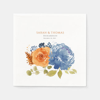 Navy Blue Orange Terracotta Boho Floral Serviette