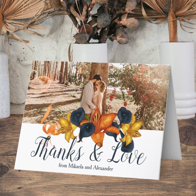 Navy Blue Orange Tiger Lily Hochzeit Dankeschön Ka Dankeskarte (Fall tiger lilies, gold, blue calla lily wedding thank you card, folded with wedding photo)