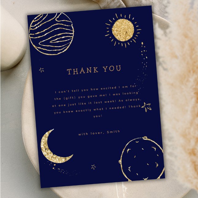 Navy Blue Outer Space Moon Star Boy Baby Dusche Dankeskarte (Navy Blue Outer Space Moon Star Boy Baby Shower Thank You Card)