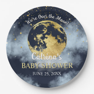 Navy Blue Over Moon and Stars Baby Shower Pappteller