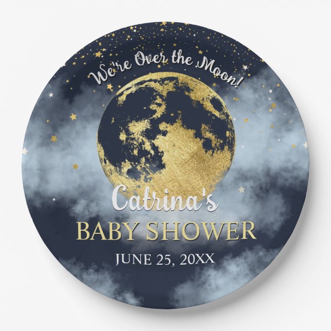 Navy Blue Over Moon and Stars Baby Shower Pappteller (Vorderseite)