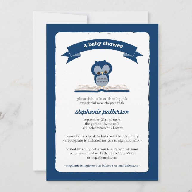 Navy Blue Owl bringen eine Book Baby Dusche Einlad Einladung (Vorderseite)