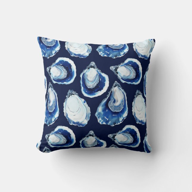 Navy Blue Oyster Halbe Muschel Thema Küste Kissen (Vorderseite)