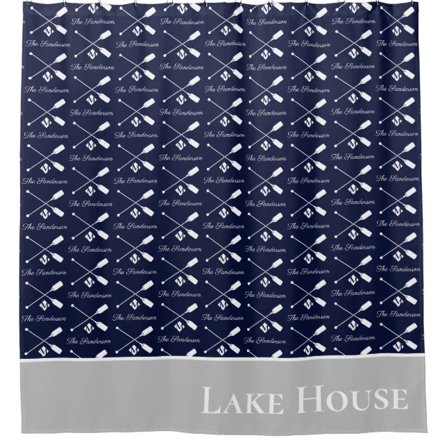Navy Blue Paddle Monogram Lake House Nautic Duschvorhang (Vorderseite)