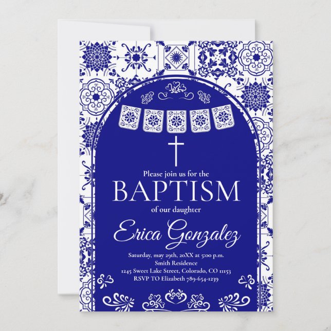 Navy Blue Papel Picado Baptism Invitation Einladung (Vorderseite)