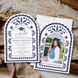 Navy Blue Papel Picado Talavera Photo Graduation Einladung