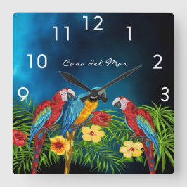 Navy blue parrots birds summer house name quadratische wanduhr