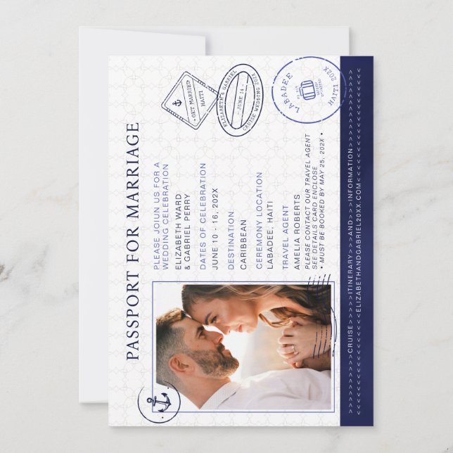 Navy Blue Passport Destination Wedding Cruise Einladung (Rückseite)
