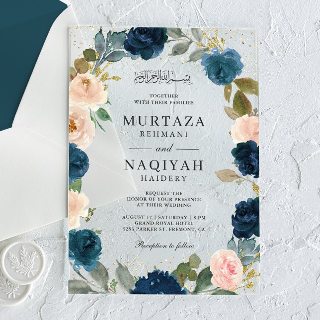 Navy Blue Peach Floral Muslim Wedding Acryleinladungen (Von Creator hochgeladen)