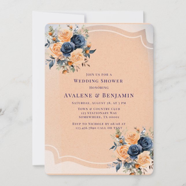 Navy Blue Peach Painted Floral Polterabend Einladung (Vorderseite)