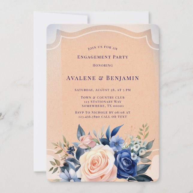 Navy Blue Peach Painted Florals Engagement Party Einladung (Vorderseite)