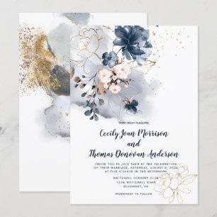 Navy Blue, Peach und Gold Wasserfarbenfloral Einladung