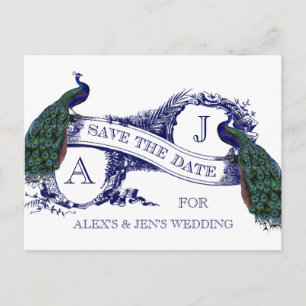 Navy Blue Peacock Save the Date Ankündigungspostkarte