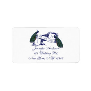 Navy Blue Peacock Wedding RSVP Adressaufkleber