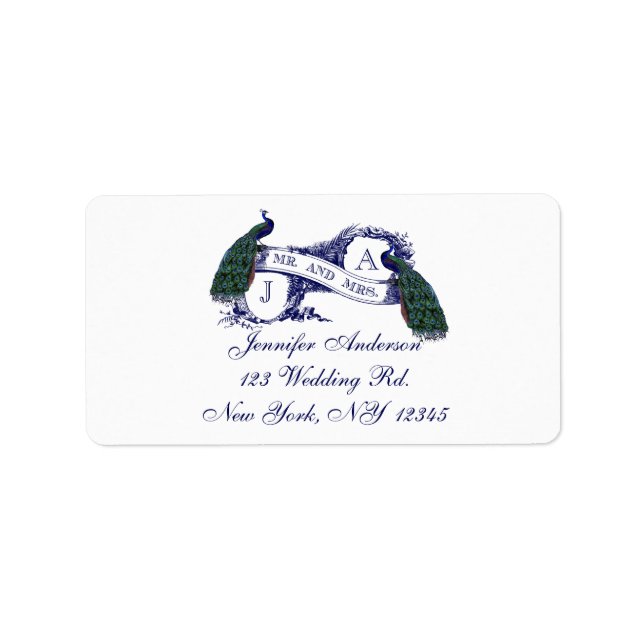 Navy Blue Peacock Wedding RSVP Adressaufkleber (Vorne)