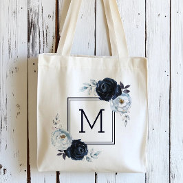 Navy Blue Peony Floral Monogram Tragetasche