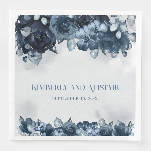 Navy Blue Peony Silver Eukalyptus Greenerity Weddi Serviette (Vorderseite)