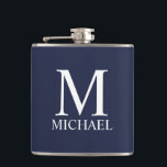 Navy Blue Personalisiert Monogram und Name Flachmann<br><div class="desc">Personalisierte Monogram und Name Gift sind mit personalisierter Monogramm und Namen im klassischen Serif-Schriftart-Stil auf marineblau Hintergrund ausgestattet. Perfekt als Urlaubsgeschenk,  Vatertagsgeschenk,  Wiedersehen-Favoriten,  Dankeschön für Trauzeugen und Geschenk für alle besondere Anlässe.</div>