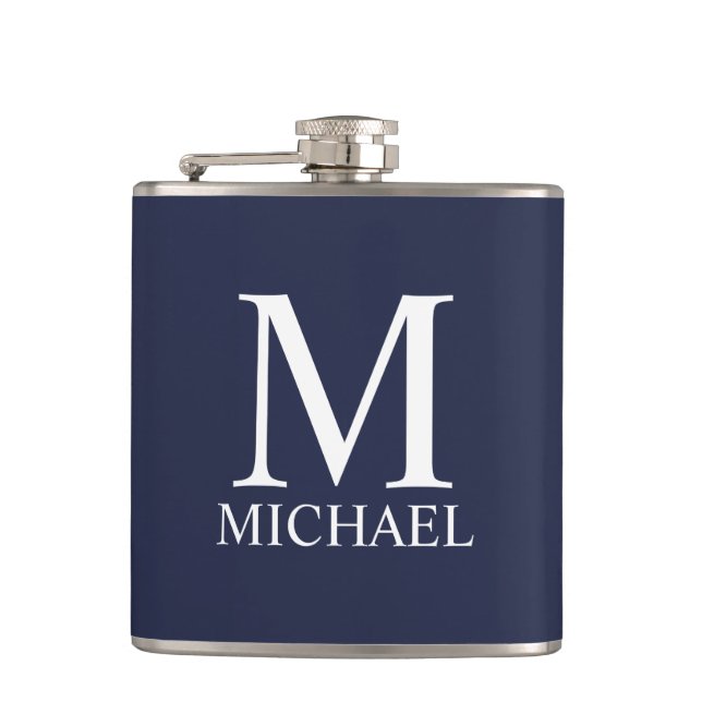 Navy Blue Personalisiert Monogram und Name Flachmann (Vorderseite)