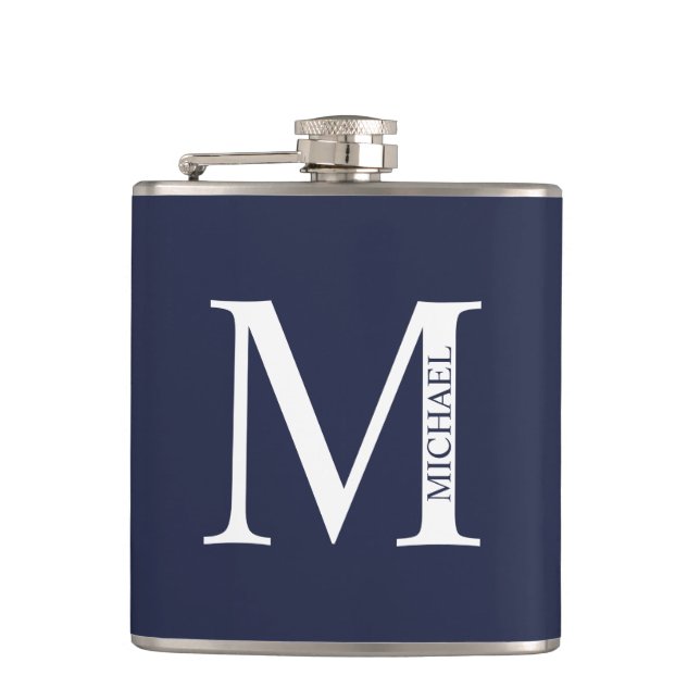 Navy Blue Personalisiert Monogram und Name Flachmann (Vorderseite)