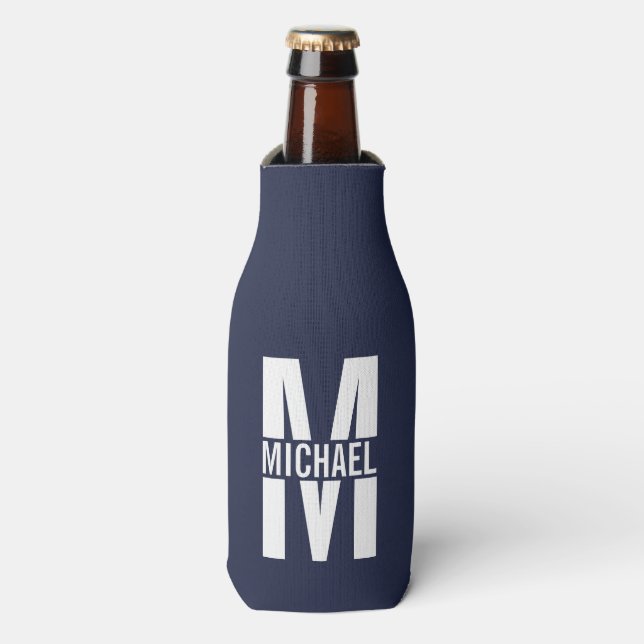 Navy Blue Personalisiert Monogram und Name Flaschenkühler (Flaschenvorderseite)