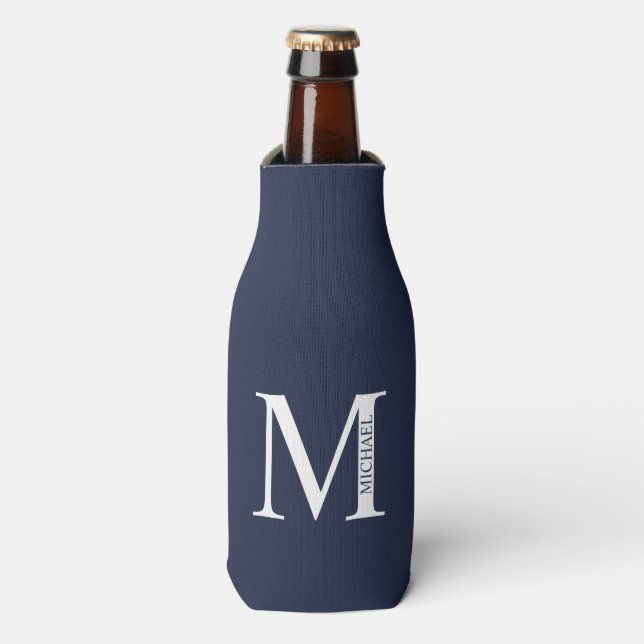 Navy Blue Personalisiert Monogram und Name Flaschenkühler (Flaschenvorderseite)