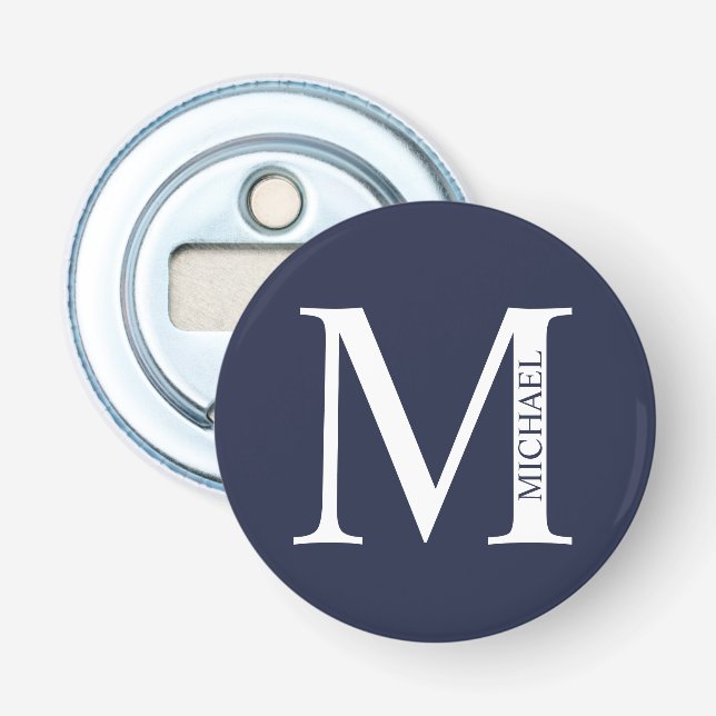 Navy Blue Personalisiert Monogram und Name Flaschenöffner (Vorderseite)