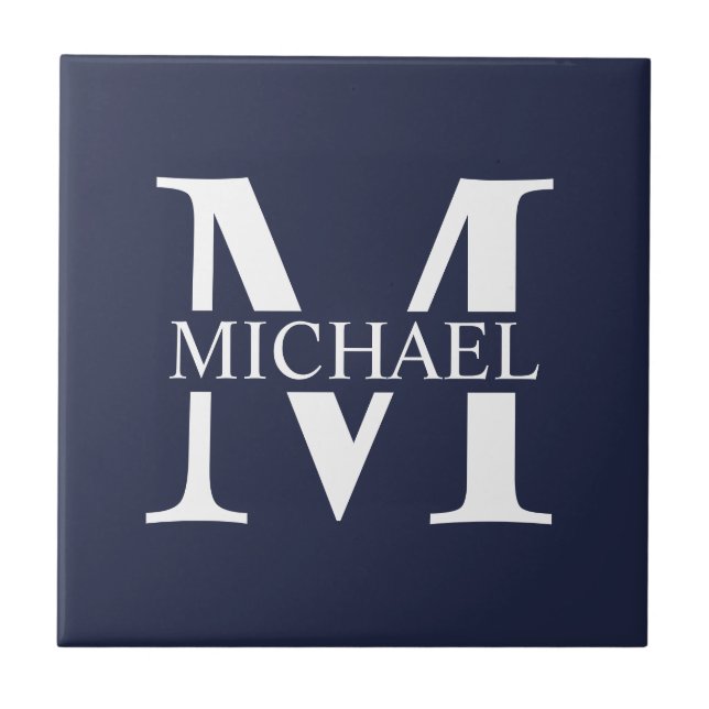 Navy Blue Personalisiert Monogram und Name Fliese (Vorderseite)