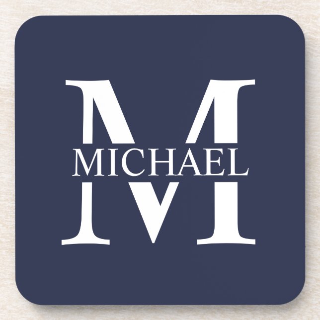 Navy Blue Personalisiert Monogram und Name Getränkeuntersetzer (Vorderseite)