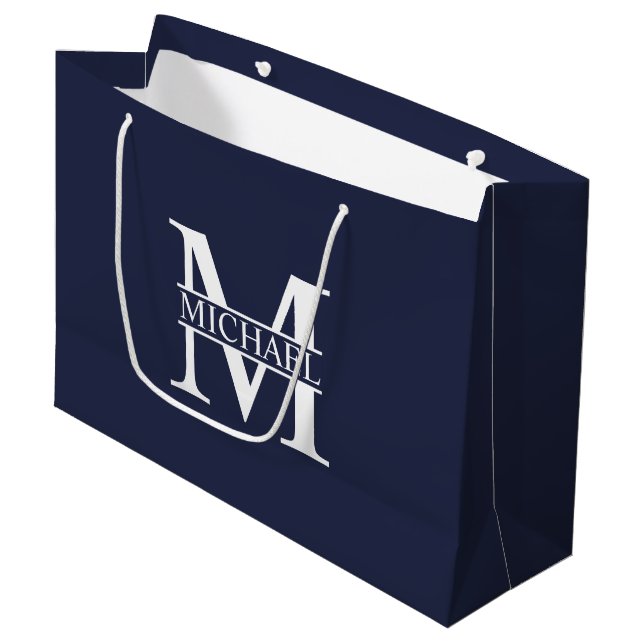 Navy Blue Personalisiert Monogram und Name Große Geschenktüte (Vorderseite Schrägansicht)