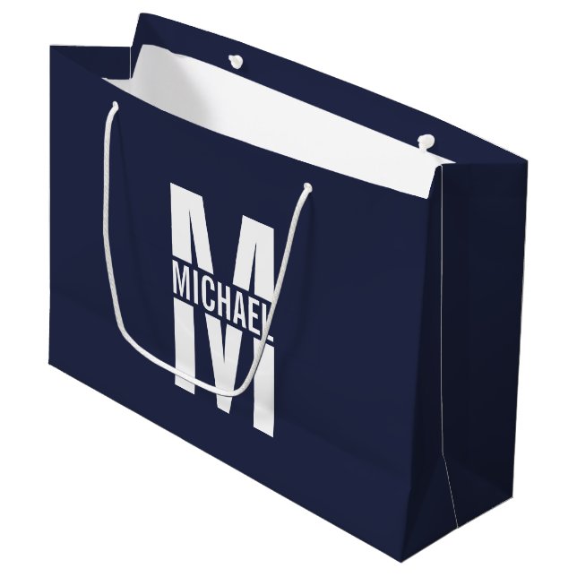 Navy Blue Personalisiert Monogram und Name Große Geschenktüte (Vorderseite Schrägansicht)