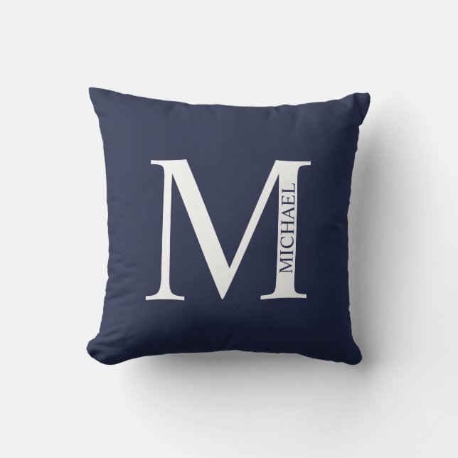 Navy Blue Personalisiert Monogram und Name Kissen (Vorderseite)