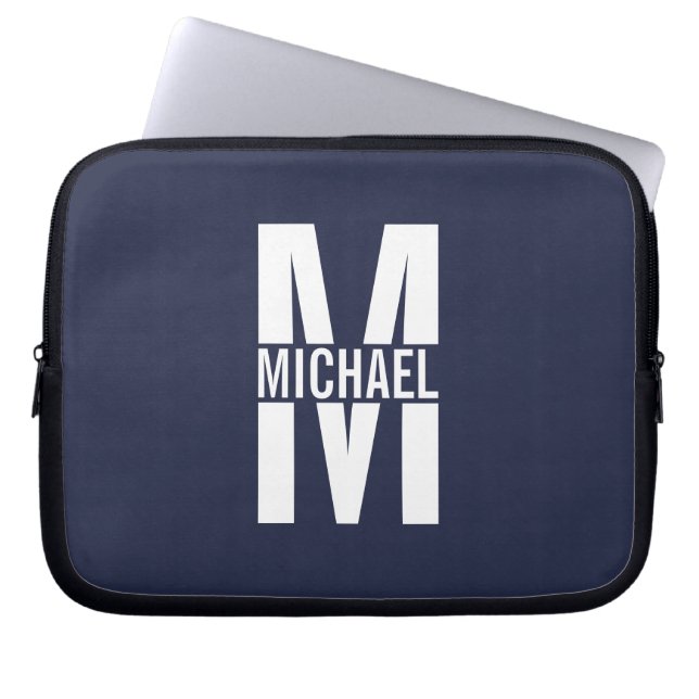 Navy Blue Personalisiert Monogram und Name Laptopschutzhülle (Vorderseite)