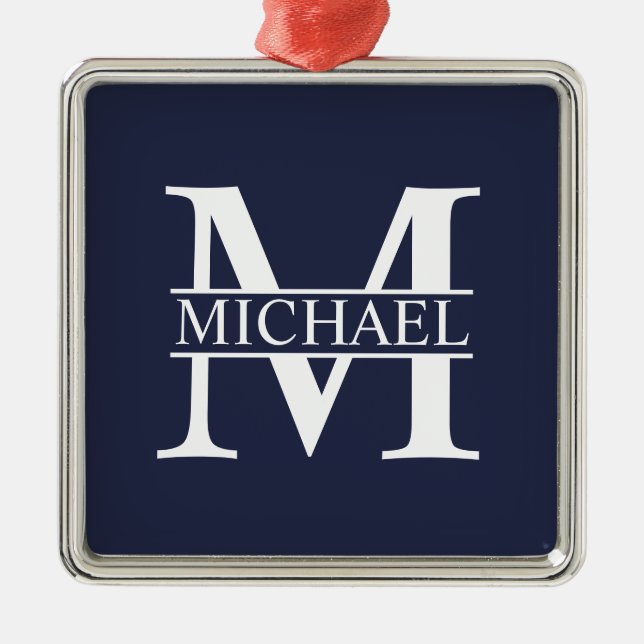 Navy Blue Personalisiert Monogram und Name Ornament Aus Metall (Vorne)